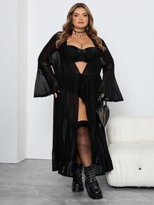 SHEIN CURVE+ Plus Size Women Gothic Style Flare Sleeve Hooded Sheer Dress - Black - View 4