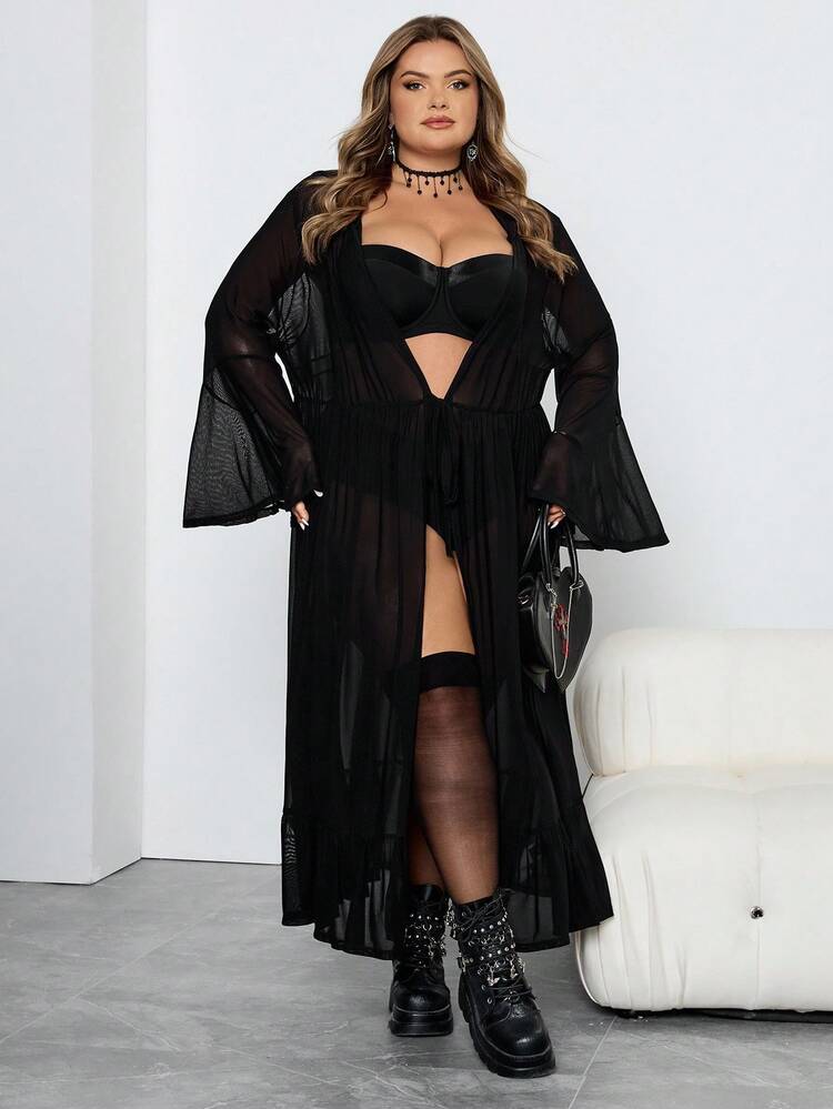 SHEIN CURVE+ Plus Size Women Gothic Style Flare Sleeve Hooded Sheer Dress - Black - View 4