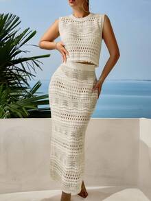 纯色透明圆领背心和裙子套装夏季