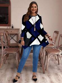 EMERY ROSE Casual Minimalist Colorblock Print Plus Size Long Sleeve Loose T-Shirt, Suitable For Autumn/Winter Fall - Multicolor - View 3