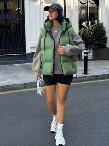 EURMUSE Women Solid Color Zipper And Pocket Detailed Winter Vests Y2k - Green - View 3