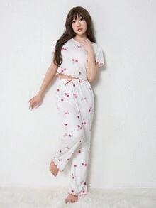 ROMWE Kawaii 女士休闲樱桃印花短袖睡衣套装，夏季 - 白色 - 查看 4