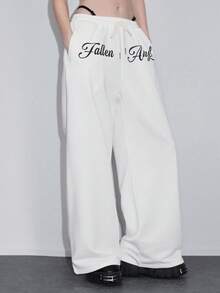 ROMWE Avant Women's Grunge Girl Wing Print Casual Pants - White - View 5