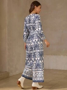 Wildy 女式全印花休闲长袖束腰阔腿连体裤 - 藍白色 - 查看 2