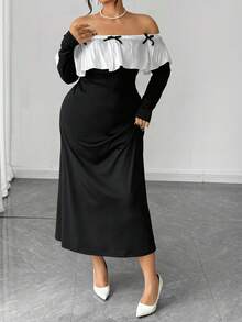 Elenzga Plus Size Women Elegant Fitted Off Shoulder Long Sleeve Patchwork White Bow Collar Dress, Autumn/Winter - Black - View 5