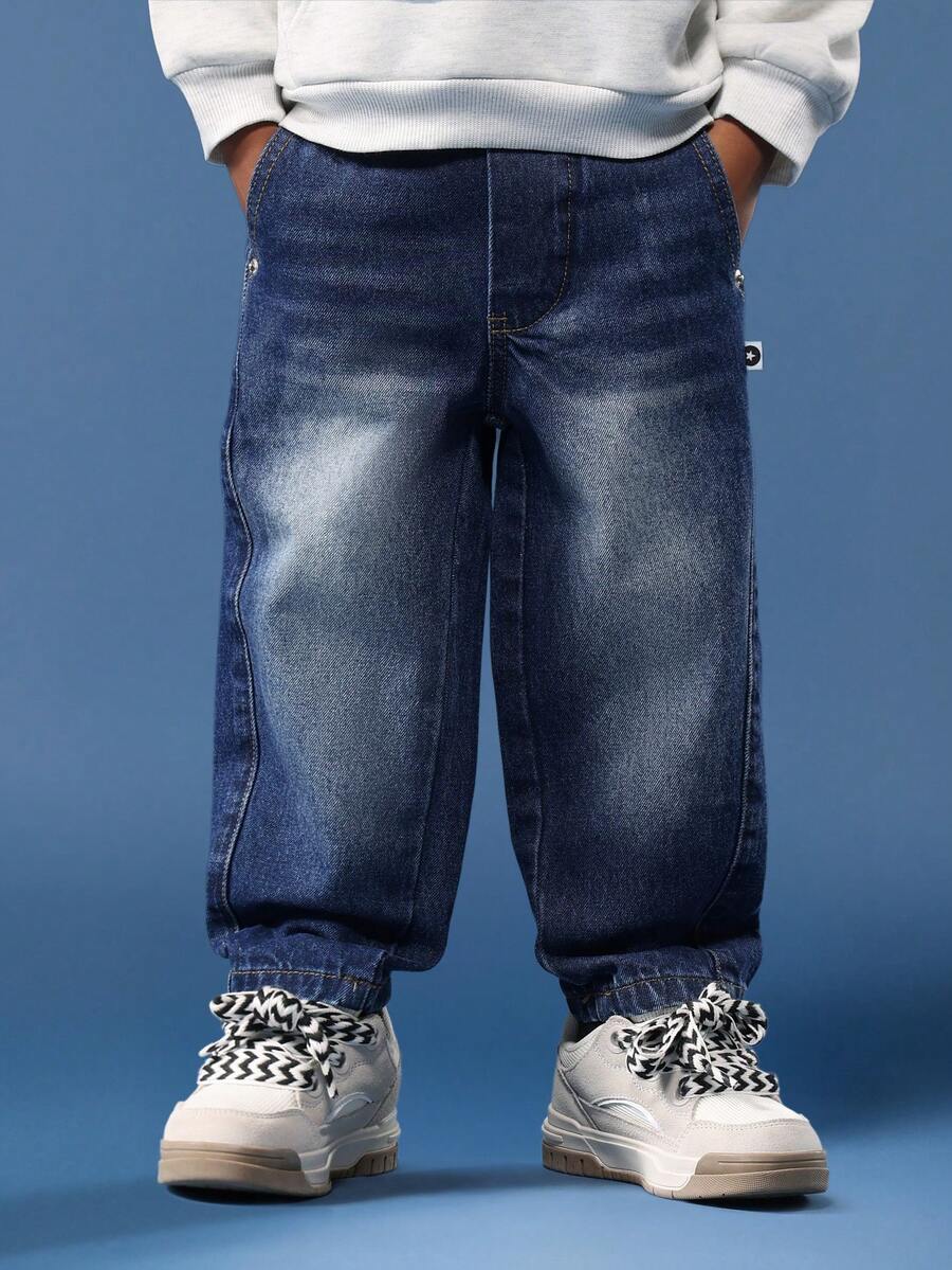 SUMWON 棉质弹力腰带套穿牛仔裤 儿童舒适宽松牛仔裤 休闲日常经典直筒水洗裤 秋冬春装 青少年风格 度假 - 藍色 - 查看 1
