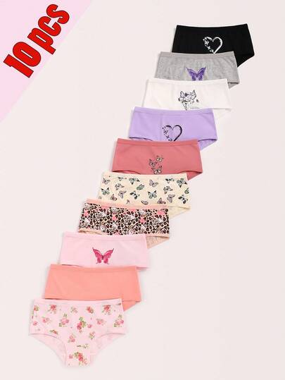 10 st. flickor prickiga hjärt- och rosetttryck bekväma bomullstrosor, tonårsunderkläder med tecknad mönster