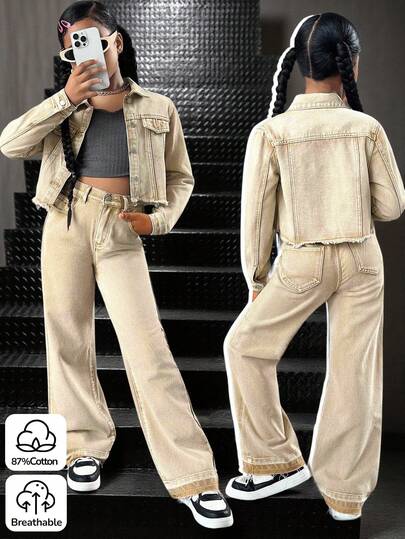 SHEIN 少女时尚休闲 Y2K 复古酷炫街头风，重返校园大学校园，两件套包括卡其色牛仔宽松翻领长袖外套和半松紧腰宽松牛仔裤，适合少女日常穿着，柔软舒适，也适合少女秋冬季参加锐舞派对、节日活动以及居家穿着，兼具街头风和校园风。