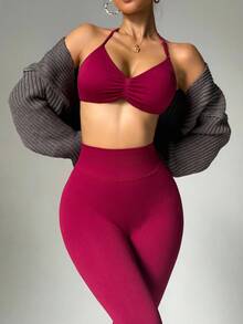 Dewbera Women's Halter Backless Bodycon Binding Leg 2 Pieces Activewear Set Workout Sets - Burgundy - View 5