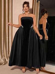 Cravure Váy Maxi dự tiệc màu đen không dây bằng vải nhung satin cỡ lớn dành cho nữ, váy dạ hội trang trọng - màu đen - Xem 3