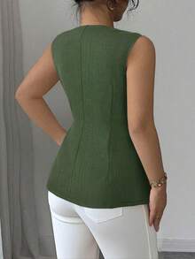 Elenzga 加大码梭织面料优雅精致法式高端简约百搭舒适前开合腰部无袖夹克，适合女士夏季 - 軍綠色 - 查看 2