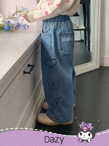 DAZY HELLO KITTY AND FRIENDS | SHEIN 年轻女孩休闲心形和卡通图案松紧腰牛仔裤 - 淺色水洗藍 - 查看 3