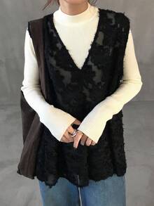 FRIFUL Chaleco sin mangas de ajuste holgado con textura y cuello en V para mujer, otoño