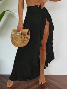 Swim Vcay Springbreak Women Shirred Waist Lotus Leaf Hem Sheer Beach Maxi Dress With Slit For Summer Beach Vacation - Black - View 6