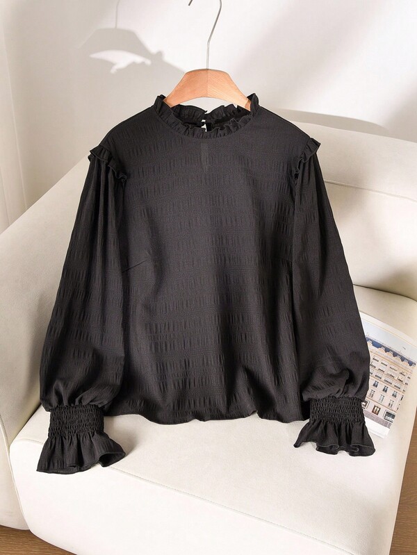 CosyJoli Plus Size Casual Solid Color Bell Sleeve Shirt, Autumn