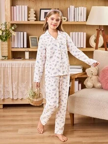 女童葡萄印花翻领长袖睡衣套装 - 米色 - 查看 3