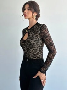 Firerie Women's V-Neck Black Lace Long Sleeve Bodysuit,Beige,Summer,Elegant,Night Out Party Cocktail Office Wear,Vacation Boho Music Festival Wedding - Black - View 5