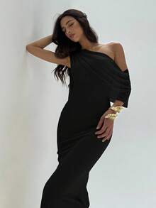 Aloruh 女士优雅派对纯色不对称领口连衣裙