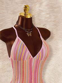 Amplova Spaghetti Strap Triangle Cup Textured Bohemian Style Backless Criss-Cross Strap Bodycon Romper - Purple - View 5