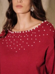 Anewsta Áo len dệt kim dáng rộng cổ tròn đính đá Rhinestone trang trí mùa thu/đông dành cho nữ, Áo chui đầu dệt kim thanh lịch cho Giáng sinh, mùa thu, mùa đông - Đỏ - Xem 8