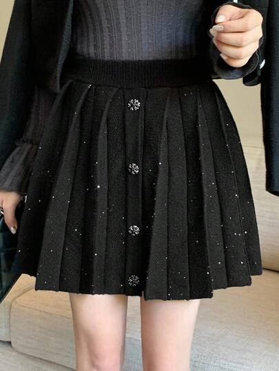 DAZY Women's Elegant Commuter Sequin Decor Pleated Knit Skirt New Years Carnival
