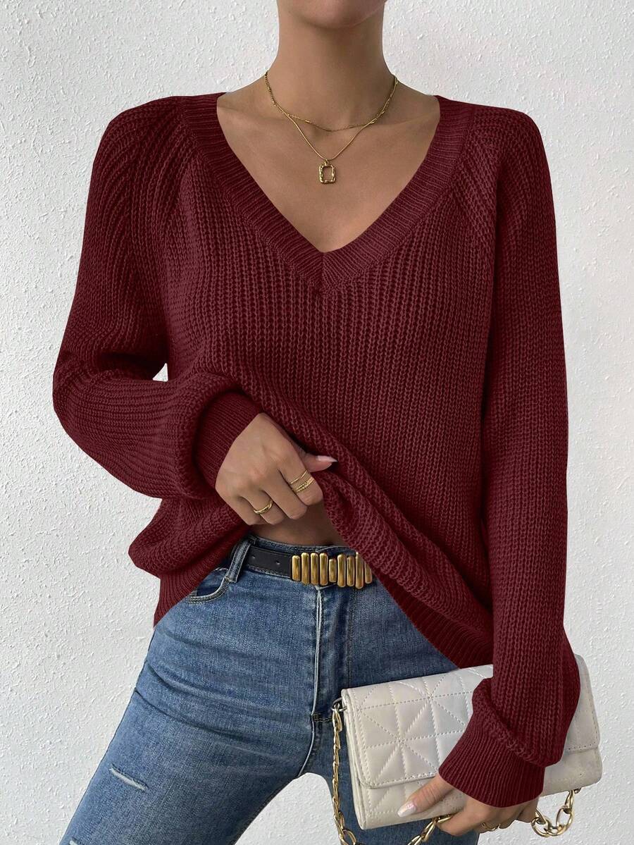 SHEIN LUNE Sweater Kasual Wanita Warna Polos Leher V Lengan Raglan, Musim Gugur/Dingin - Rose Red - View 1