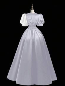 SHEIN MOOSTA Vestido elegante de manga abullonada con contraste de color para rave - Blanco - Ver 2