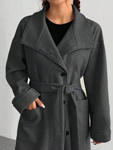 SHEIN Unity Women's Simple Long Sleeve Pocket Solid Color Button Front Jacket, Autumn/Winter - Dark Grey - View 7