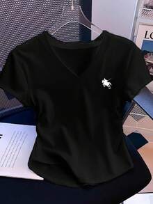 SHEIN BASICS Casual Minimalist Horse Logo Graphic V-Neck Ruched T-Shirt For Women, Suitable For Summer,Black Tops