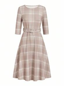 Ellevyn 大码女式圆领七分袖格子腰带设计优雅连衣裙 - 彩色 - 查看 3