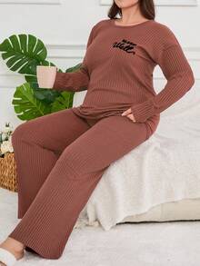 2 pezzi 100% cotone, set pigiama con camicia a maniche lunghe e pantaloni lunghi con stampa slogan