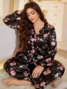 LuxeNights Floral Print Faux Silk Lapel Collar Long Sleeve Pajama Set For Plus Size Women, Fall Clothes