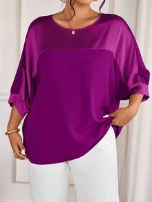 Cravure Plus Size Purple Autumn Elegant Formal Round Neck 3/4 Raglan Sleeve Metallic Fabric Patchwork Contrast Color Woven Cuff Casual Commute Party Shirt - Red Violet - View 6