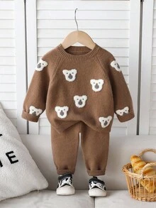 Souflis Souflis Baby Boys Teddy Bear Jacquard Knit Sweater Set, Soft & Thick Fabric, Suitable For Casual Wear, Autumn/Winter Fall - Khaki - View 5