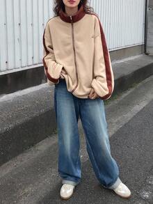 FRIFUL 女式休闲拉链撞色灯芯绒字母印花宽松夹克，棕色 - 卡其色 - 查看 5