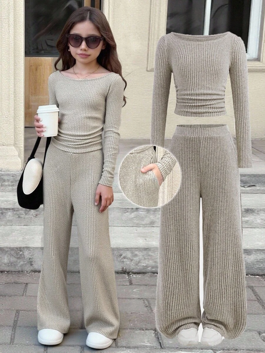 SHEIN 青少年女孩秋冬休闲时尚百搭罗纹露肩/露肩两用 T 恤上衣带口袋和直筒裤套装，适合周末、休闲外出、返校