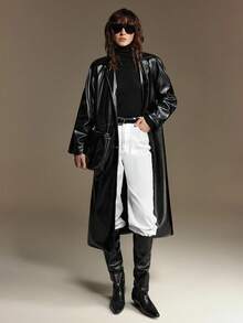 Ontre 2025现代都市风格长款皮衣直筒宽松版型商务休闲通勤日常穿搭秋季 - 黑色 - 查看 8