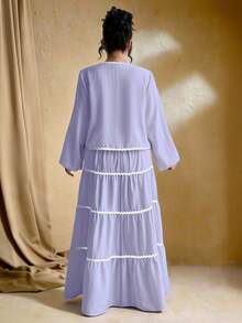 SHEIN Tall 大码女式两件套：编织纹理长袖开衫，配系带腰带和色块荷叶边下摆长裙，法式优雅浪漫 - 紫色 - 查看 2