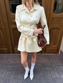 SHEIN Unity 女式束腰长袖西装外套，复古优雅法式风格，适合下午茶、朋友聚会、约会、情人节、派对、生日、秋季、教师节 - 黃色 - 查看 6