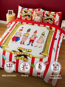 HARRY POTTER X SHEIN 三件套果冻豆印花床上用品套装，磨毛面料，柔软保暖，红色条纹被套，适用于单人床/双人床/大号床/特大号床，圣诞节礼物之选