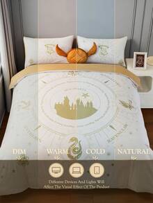 HARRY POTTER X SHEIN 3pcs Castle Print Duvet Cover Set, Brushed Material, Soft & Warm, Beige Color, Available In Single/Double/Queen/King Size - Apricot - View 13