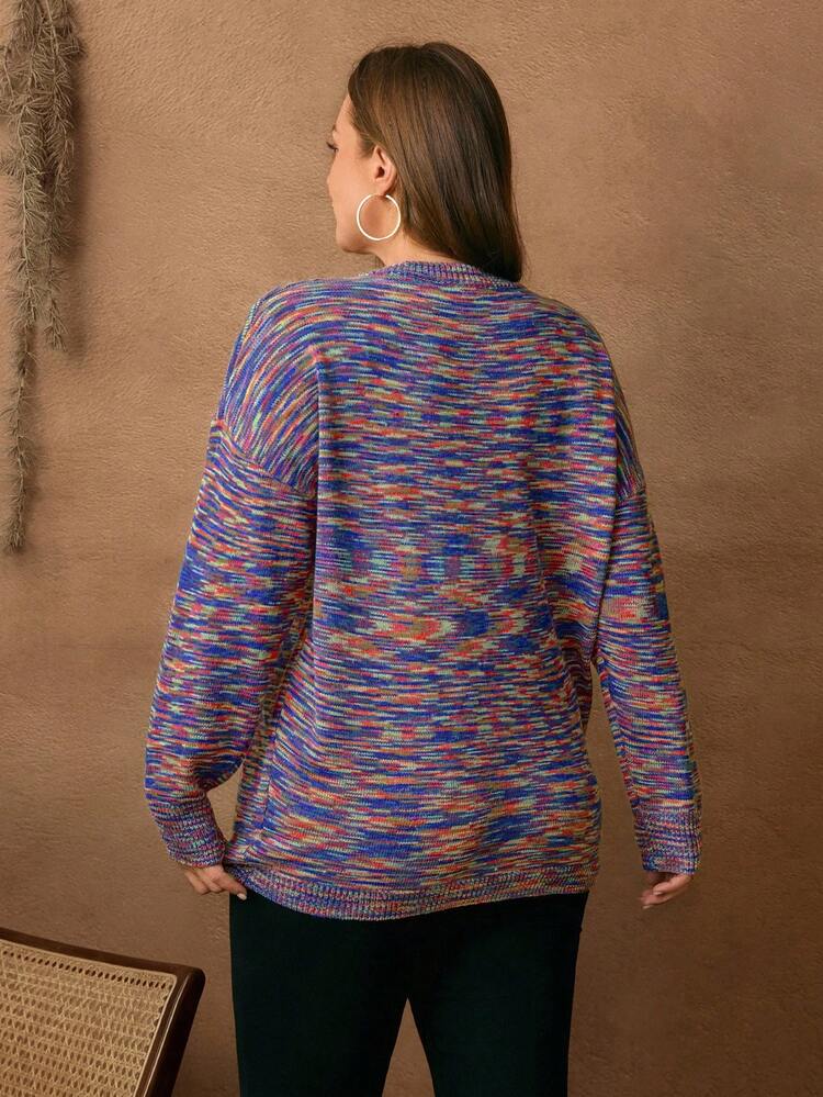 Plus Size Women's Tie-Dye V-Neck Drop Shoulder Long Sleeve Casual Pullover Sweater, Autumn/Winter, Winter Clothes For Women,Christmas Sweater,Plus Size Winter Clothes Elegant Casual