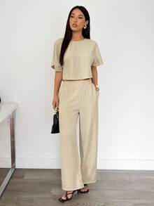 SHEIN PETITE Bộ 2 món/Bộ đồ nữ màu trơn xếp ly áo sơ mi và quần âu thường ngày, trang phục công sở thường ngày cho nữ, trang phục công sở cho nữ, trang phục giáo viên cho nữ, bộ đồ mặc nhà 2 món cho nữ, bộ đồ hai mảnh thường ngày - Màu be - Xem 3