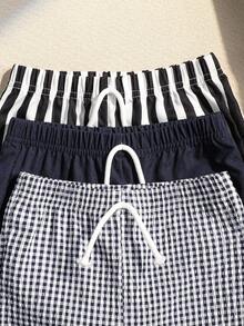 Souflis Souflis 3pcs Infant & Toddler Boys' Casual Khaki Plaid, Black & White Stripe, Solid Color Shorts, Summer Essentials For Daily Wear, Vacation & Outings