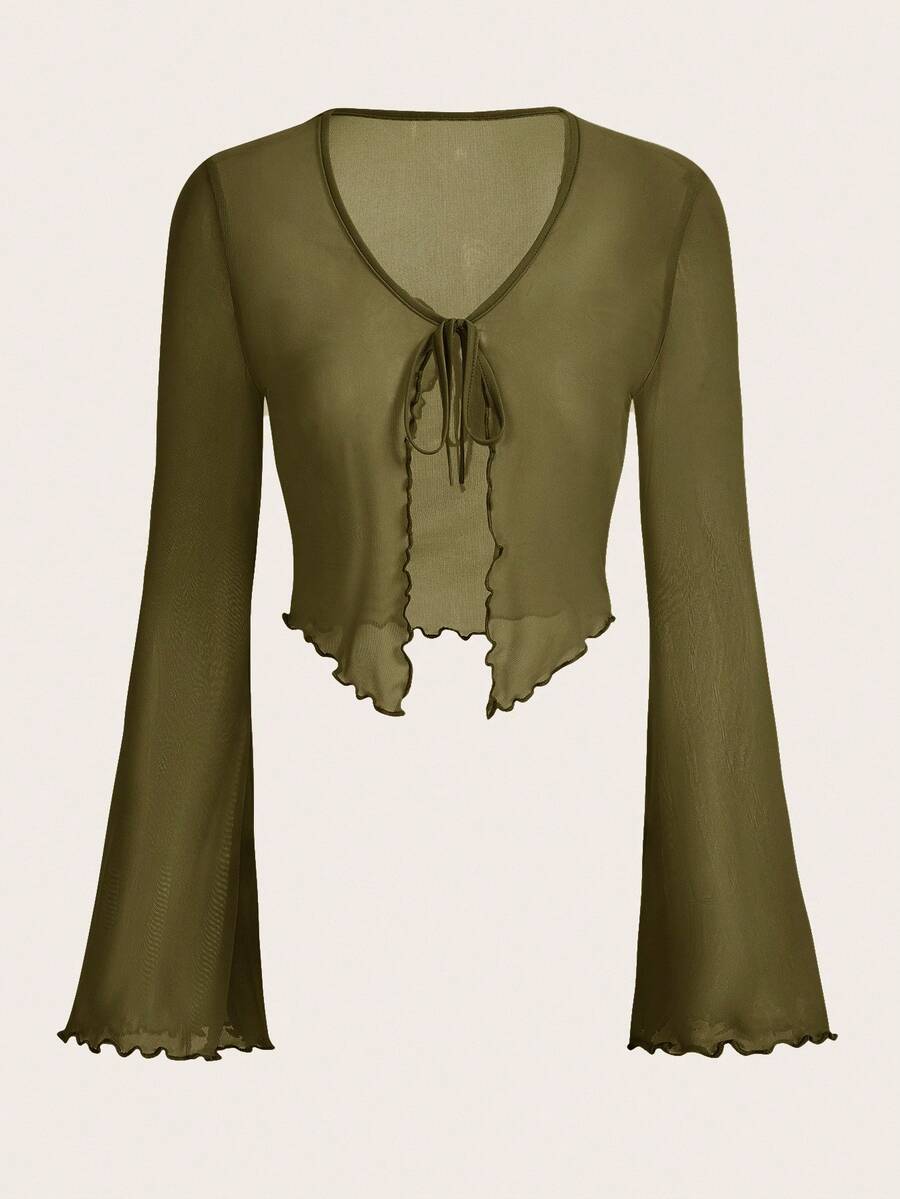 SHEIN ICON Green Mesh V-Neck Frill Trim Flare Sleeve Crop Top For Women - Army Green - View 1