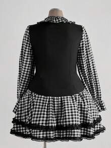 Sunspun Elegant Goth Black And White Autumn 70's Party Women Two Pieces Set,V-Neck Ruffle Patchwork Plaid 2 In 1 Top & Puff Cake Mini Skirt Japanese Outfit - Black and White - View 5