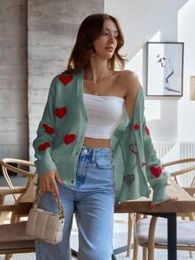 EURMUSE Knitwear Cardigan With Heart Placement Date Sage Green Autumn Cute Romantic - Mint Green - View 6