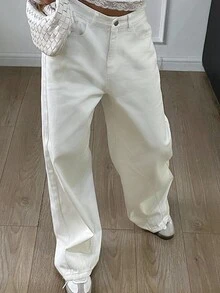 Dazy Tall Women's Pocket Design Casual Loose Straight-Leg White Jeans - White - View 5