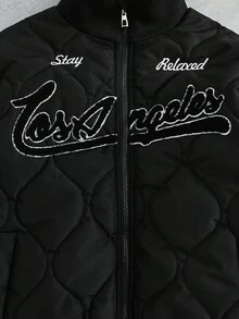 PAVTROS 1pc Tween Boy Black Embroidered Logo Soft Cotton Jacket, Comfortable & Easy To Wear, Suitable For Autumn/Winter, Outdoor, School, 2025 Back To School Season, Kids' Collegiate Style Sportswear, Embroidered Logo Design, Structured Fit Fall - Black - View 3