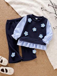 SHEIN Conjunto de 2 piezas de ropa para niñas bebé con top de manga larga a rayas con decoración floral azul cómodo y elegante, combinado con pantalones casuales acampanados azules